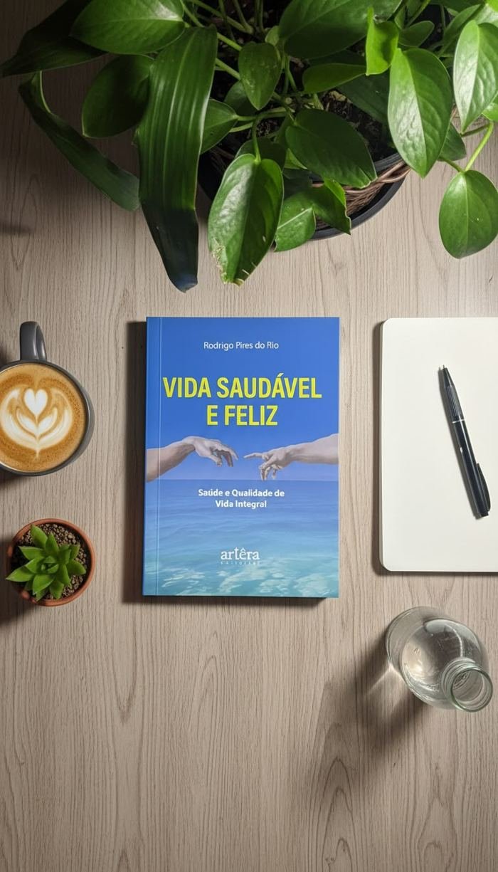 Livro Vida Saudável e Feliz na mesa com café e suculenta