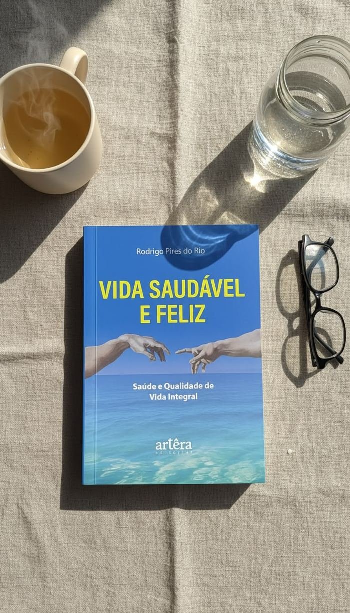 Livro Vida Saudável e Feliz sobre a mesa, com xícara e luz da manhã